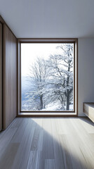 Large window in a luxury property room with minimal furniture and beige wall panels. Residential realty interiors with minimalist furniture.