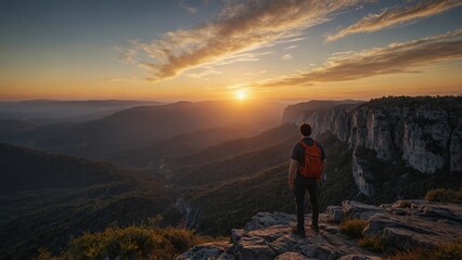 Fototapeta premium A solo backpacker standing on the edge of a cliff, gazing at a breathtaking sunrise.