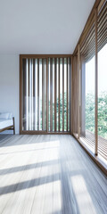 Fototapeta premium Large window in a luxury property room with minimal furniture and beige wall panels. Residential realty interiors with minimalist furniture.