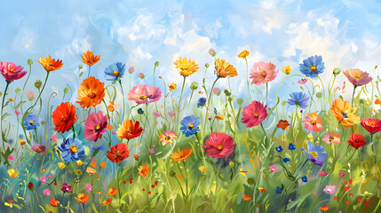 Fototapeta premium wildflowers blue sky and flowers watercolor background,generative ai