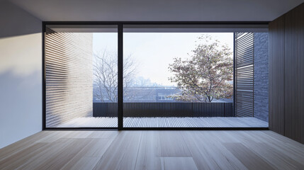 Fototapeta premium Large window in a luxury property room with minimal furniture and beige wall panels. Residential realty interiors with minimalist furniture.