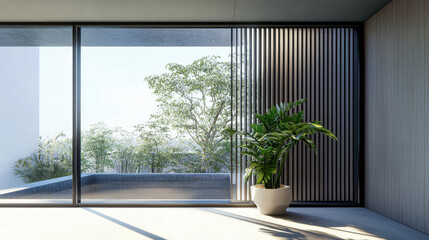 Fototapeta premium Large window in a luxury property room with minimal furniture and beige wall panels. Residential realty interiors with minimalist furniture.