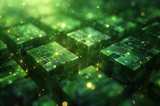 Green background of chips with a bright green background. The image is full of light and energy, giving off a futuristic and technological vibe