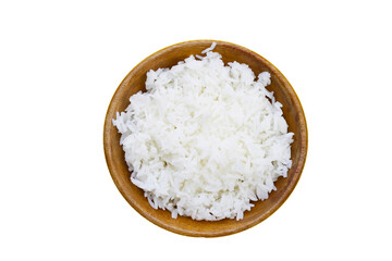 Cooked rice in bowl on white background.
