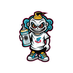 A cartoon character with a skull face, wearing a white t-shirt, holding a spray paint can.