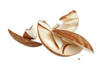 Split almond, revealing the inner flesh with fine white flakes, isolated on a white background.
