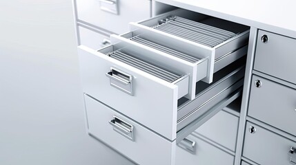Fototapeta premium An empty file cabinet with open drawers, illustrating the clearance of business operations