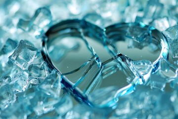 A heart shape formed by broken ice fragments placed on a table, Fragments of shattered glass coming together to form a heart shape