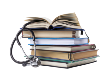 Stethoscope elegantly placed on a pile of medical textbooks, isolated on a white background.