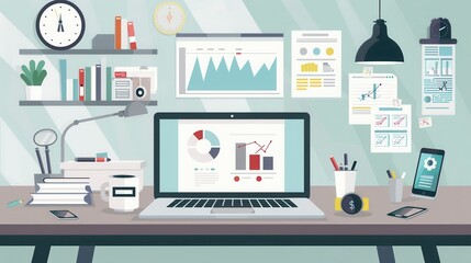 A stylish home office with a laptop displaying financial data, surrounded by documents, a coffee cup, and tools essential for remote work productivity. Generative AI