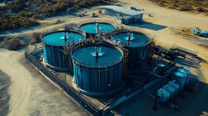 Aerial view of industrial water treatment plant with large storage tanks and natural surroundings on a sunny day.
