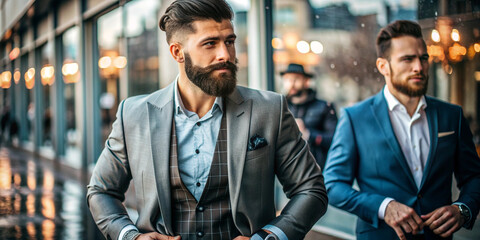 Two bearded men in stylish suits stand in front of a glass building. The man in the foreground wears a gray suit and adjusts his jacket, while the other wears a blue suit