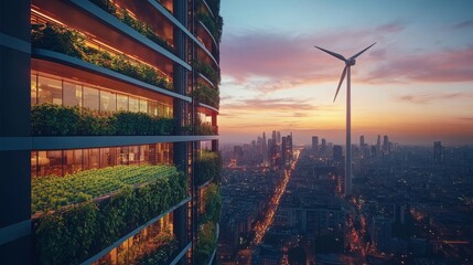 Sustainable city skyline at sunset with vertical garden building and wind turbine symbolizing green urban living and renewable energy innovation