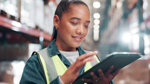Inspection, stock or storage and woman with tablet in warehouse for commercial shipping or distribution. Cargo, delivery and retail with logistics employee in supply chain facility for backlog