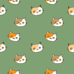 Seamless Pattern with Hand Drawn Cat Face Design on Green Background