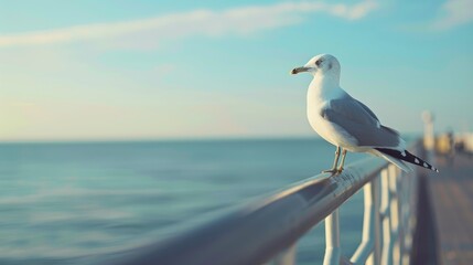 Seagull ready for takeoff on seaside railing