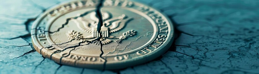 Cracked corporate seal with fading logo, signifying a company going through rebranding post-bankruptcy