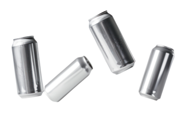 Surreal scene of a silver aluminum can floating in mid-air isolated on a white background.