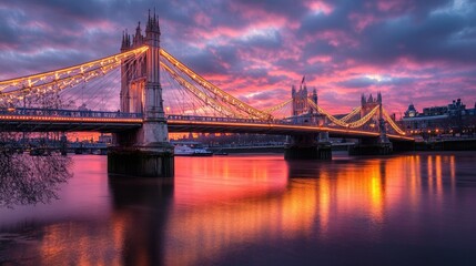 Obraz premium Dramatic sunset view of the Albert Bridge in London, with the bridge beautifully lit and the river reflecting warm hues, creating a picturesque and captivating scene