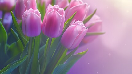 Obraz premium Delicate pink tulips are illuminated by a soft, natural light, creating an almost ethereal aura around each flower.