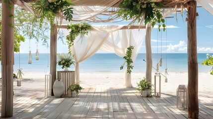 A rustic beach wedding backdrop featuring sheer fabrics and tropical flowers, light and airy, natural materials, wedding ceremony