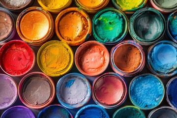 Multicolored watercolor paints in jars arranged next to each other, top view, perfect for art school online or for articles about children's hobbies and pastimes