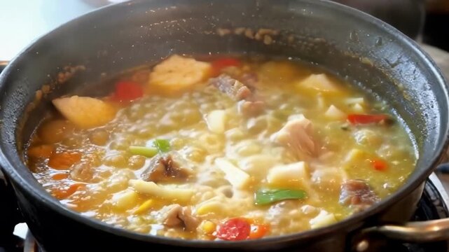 A simmering pot of soup with vibrant vegetables and meat, showcasing culinary techniques and flavorful ingredients