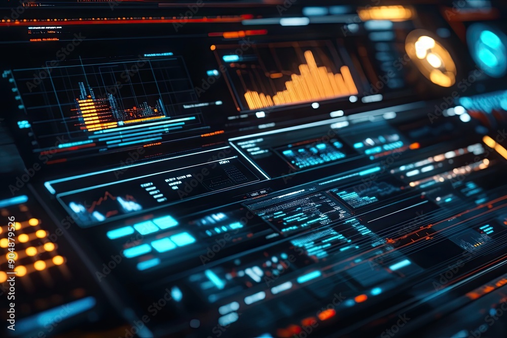 Poster futuristic digital interface with glowing lines and graphs.