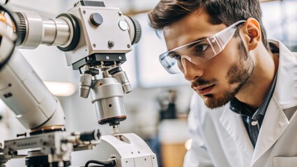 A close-up shot of a scientist in a white lab coat carefully adjusting a robotic arm with high-tech equipment, showcasing innovation and cutting-edge technology in a laboratory setting.