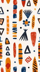 Fototapeta premium The seamless pattern features tribal patterns displayed in bold contrasting colors and a watercolor style.