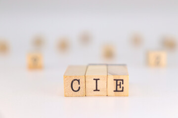 CIE acronym - International Classification of Diseases written in Spanish language on wooden cubes isolated on white background with copy space for the text