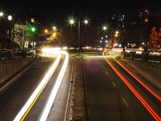 night time view of a city street with a long exposure of traffic