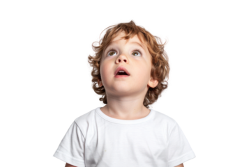 Child's face reflecting pure happiness and imagination, isolated on white background.