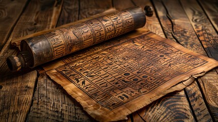 Ancient Egyptian Scroll With Hieroglyphics on Wooden Surface
