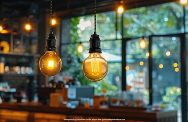 Obraz premium Vintage hanging light bulbs create a retro ambiance in a coffee shop with stylish interior design