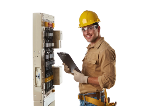 Smiling friendly young electrician wearing hard hat isolated on white background - Powered by Adobe