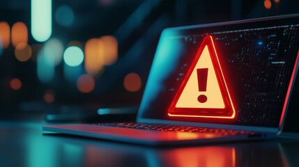  System hacked or mass tech outages worldwide causing IT systems to shut down due to system error of software with error triangle and exclamation mark on laptop