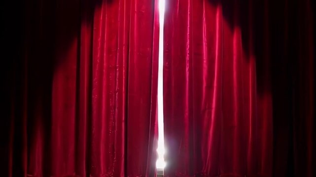 A red curtain slightly opened, casting light, suggesting an impending performance filled with anticipation and drama
