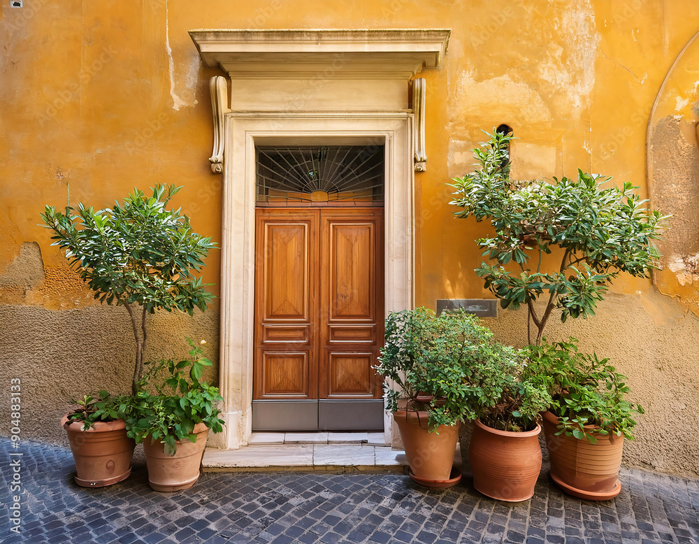 Wall mural old wooden door with lush green plants on the street of malta