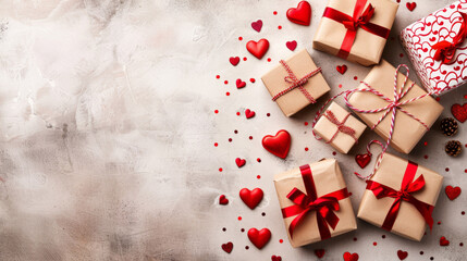 Valentine's Day Gifts and Red Hearts on Textured Background