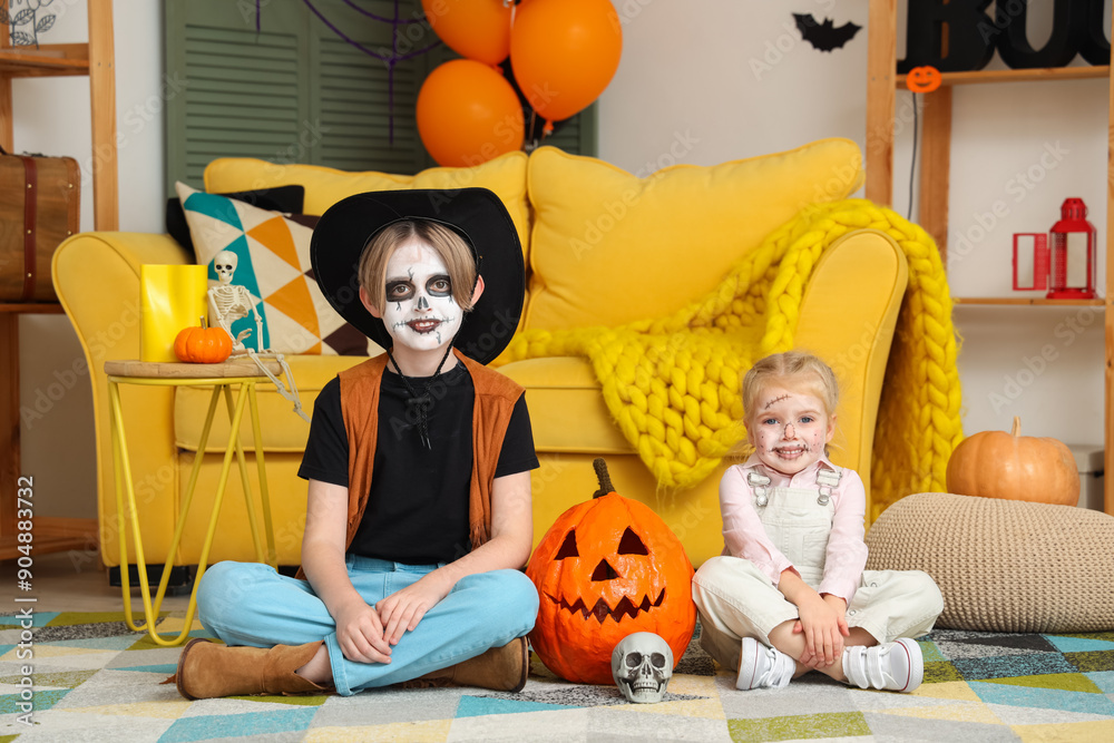 Sticker little children with pumpkin celebrating halloween at home