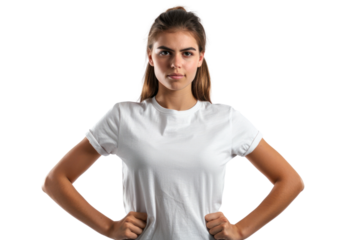 Sexy young woman in clean white t-shirt ready to go, isolated on white background.