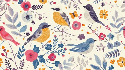 Charming Floral and Bird Pattern Wallpaper Design