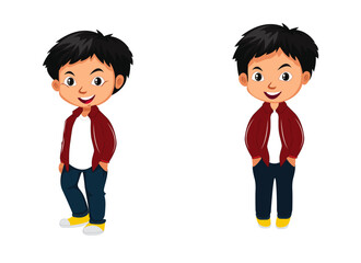 Smiling boy hand in pocket with two different standing styles.ai