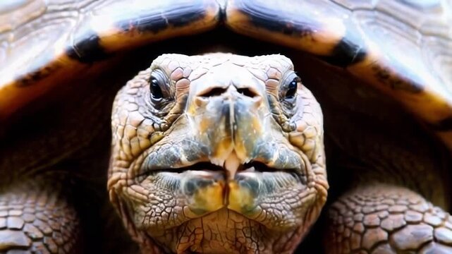 A close up of a smiling turtle showcasing its textured shell and vibrant colors, highlighting wildlife behavior and nature's beauty