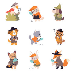 Animal Detective Character Investigating and Search for Evidence Vector Set