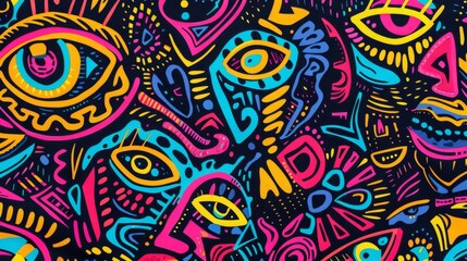 Vibrant Tribal Artwork with Psychedelic Patterns and Symbols