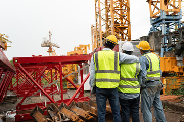 Back team engineer man worker shoulder hug with spare part crane background