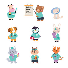 Animal Work in Ambulance and Hospital Vector Set