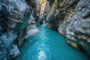 Stunning narrow canyon with turquoise blue water flowing through steep rocky walls, creating a serene natural landscape.
